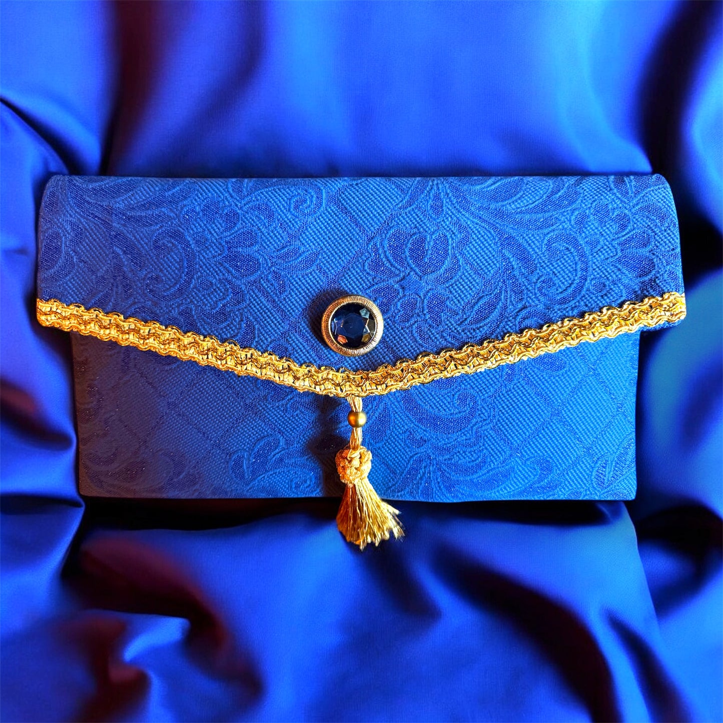 Pochette Blu Jacquard con Passamaneria Oro – Festive Collection | JLAdore Couture