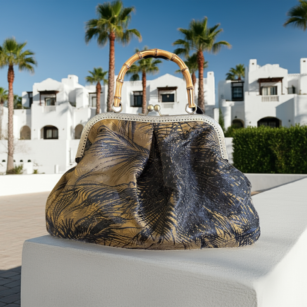 Borsa Pasticcino “Golden Palm” in Tessuto Broccato con Manico in Bambù – Eleganza Artigianale