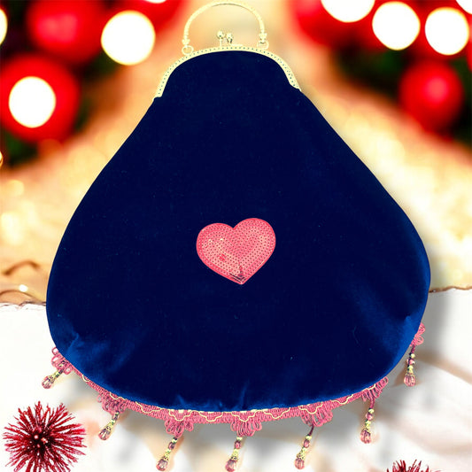 Pochette Clic Clac in Velluto Blu con Cuore Ricamato – Festive Collection | JLAdore Couture