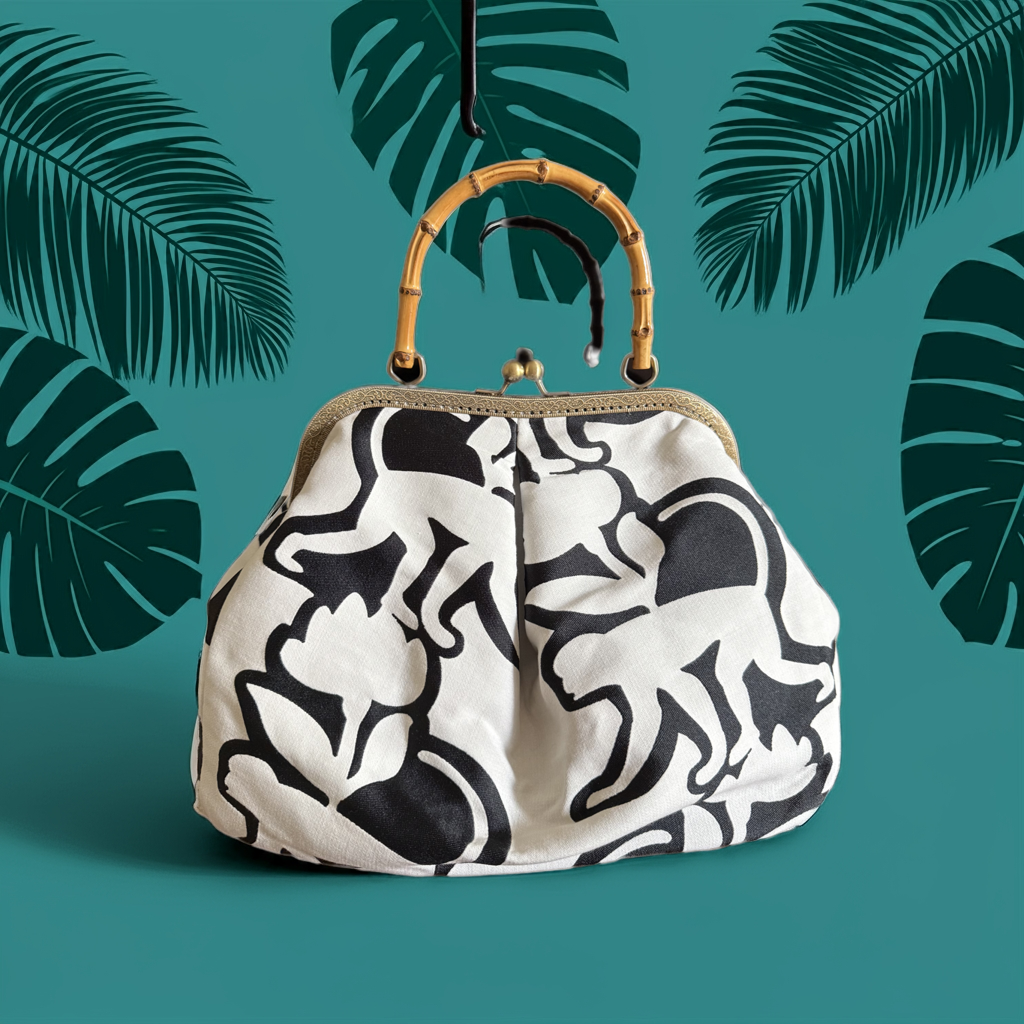 Borsa “Black and White Monkey” con Manico in Bambù – Design Tropicale Bianco e Nero